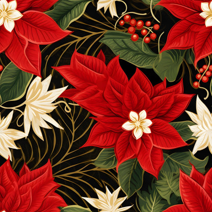 red poinsettias, white flowers, green leaves, red berries, black background, floral pattern, christmas blooms, holiday fabric, quilting cotton, botanical design, festive flowers, winter blooms, seamless pattern, vibrant red, cream accents, decorative florals, seasonal fabric, poinsettia motif, holiday quilting, tropical leaves
