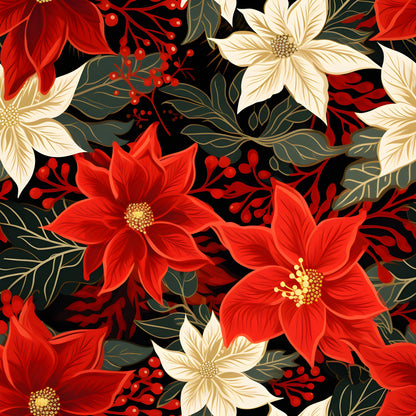 red poinsettias, cream flowers, black background, deep green leaves, red berries, floral pattern, christmas blooms, holiday fabric, quilting cotton, winter florals, botanical design, festive flowers, gold centers, seasonal pattern, fabric panel, cotton fabric, poinsettia blooms, holiday quilting, christmas fabric, floral motifs