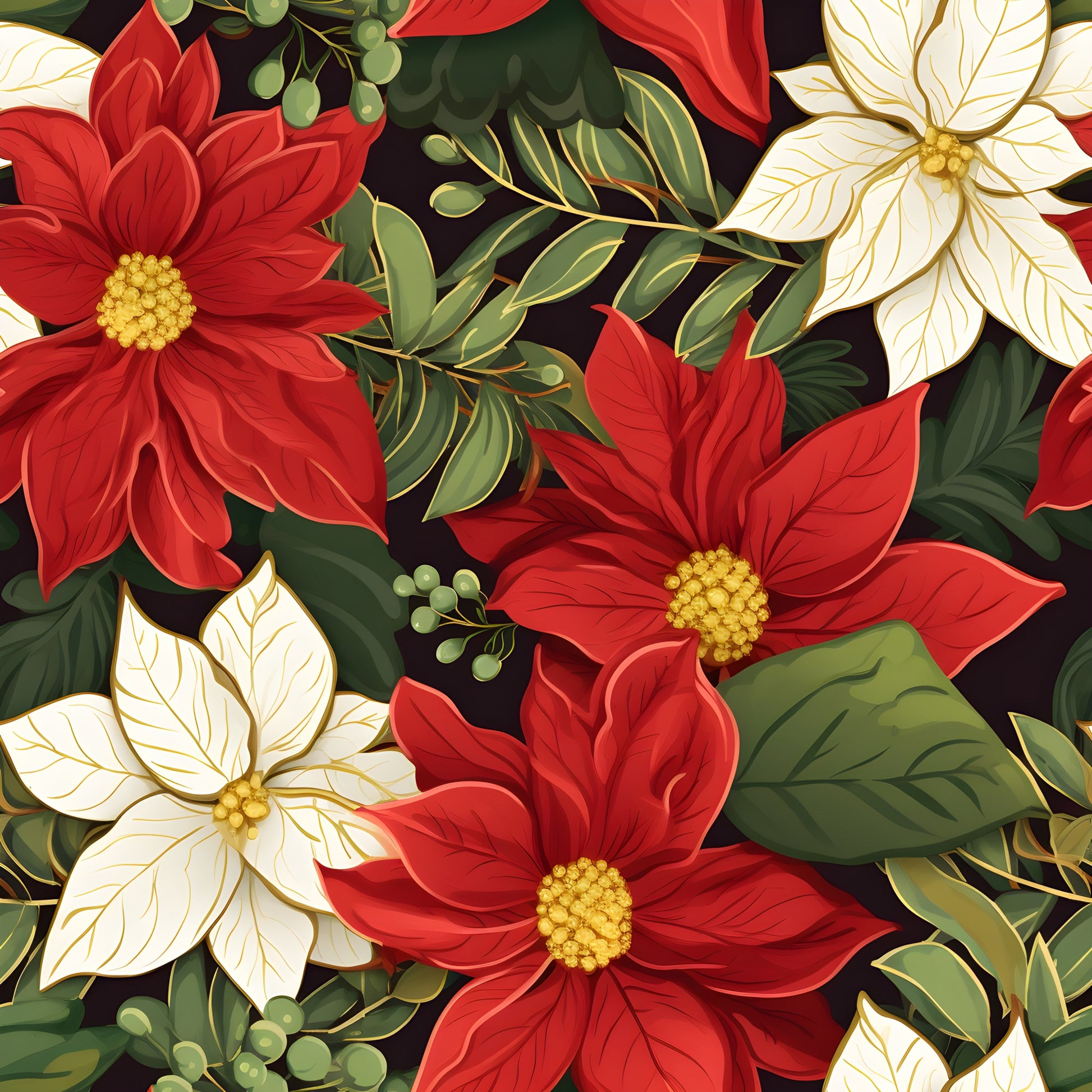 red poinsettias, white poinsettias, yellow centers, green foliage, christmas flowers, holiday blooms, floral pattern, botanical design, festive fabric, quilting cotton, seamless repeat, winter florals, holiday crafting, crimson petals, ivory flowers, dark background, decorative leaves, seasonal blooms, cotton panel