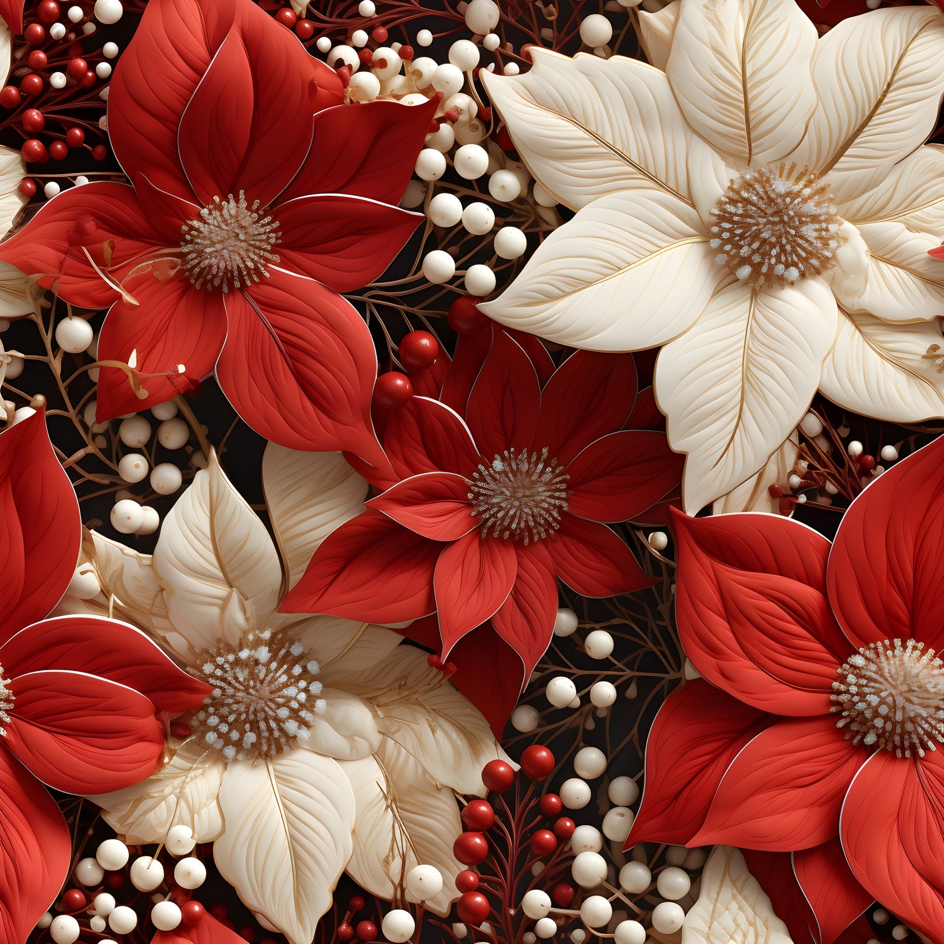 poinsettia flowers, red petals, cream petals, white berries, red berries, floral pattern, christmas blooms, holiday fabric, quilting cotton, fabric panel, botanical design, winter flowers, festive pattern, detailed petals, flower centers, berry clusters, seasonal blooms, holiday quilting, cotton fabric, poinsettia design