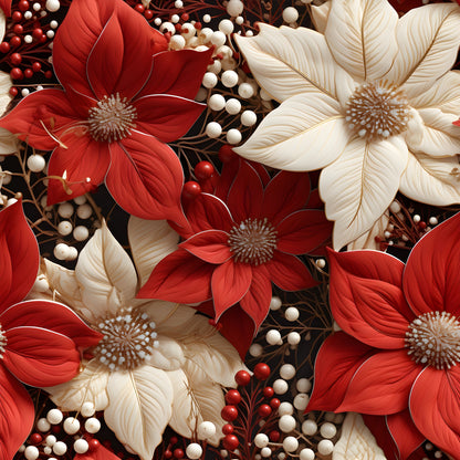 poinsettia flowers, red petals, cream petals, white berries, red berries, floral pattern, christmas blooms, holiday fabric, quilting cotton, fabric panel, botanical design, winter flowers, festive pattern, detailed petals, flower centers, berry clusters, seasonal blooms, holiday quilting, cotton fabric, poinsettia design