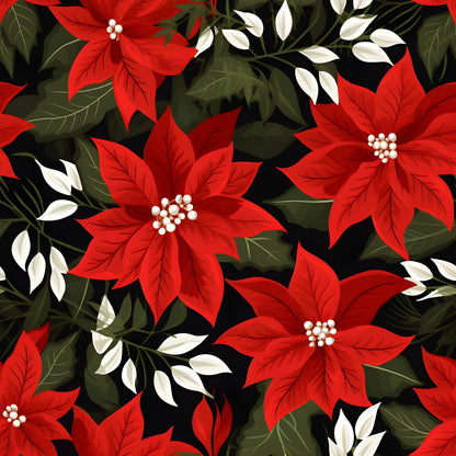 poinsettia flowers, red blooms, white petals, dark green leaves, black background, christmas floral, holiday pattern, botanical design, quilting cotton, fabric panel, festive flowers, winter blooms, seamless pattern, floral motif, bright red, cream white, deep green, holiday crafting, seasonal fabric, flower centers