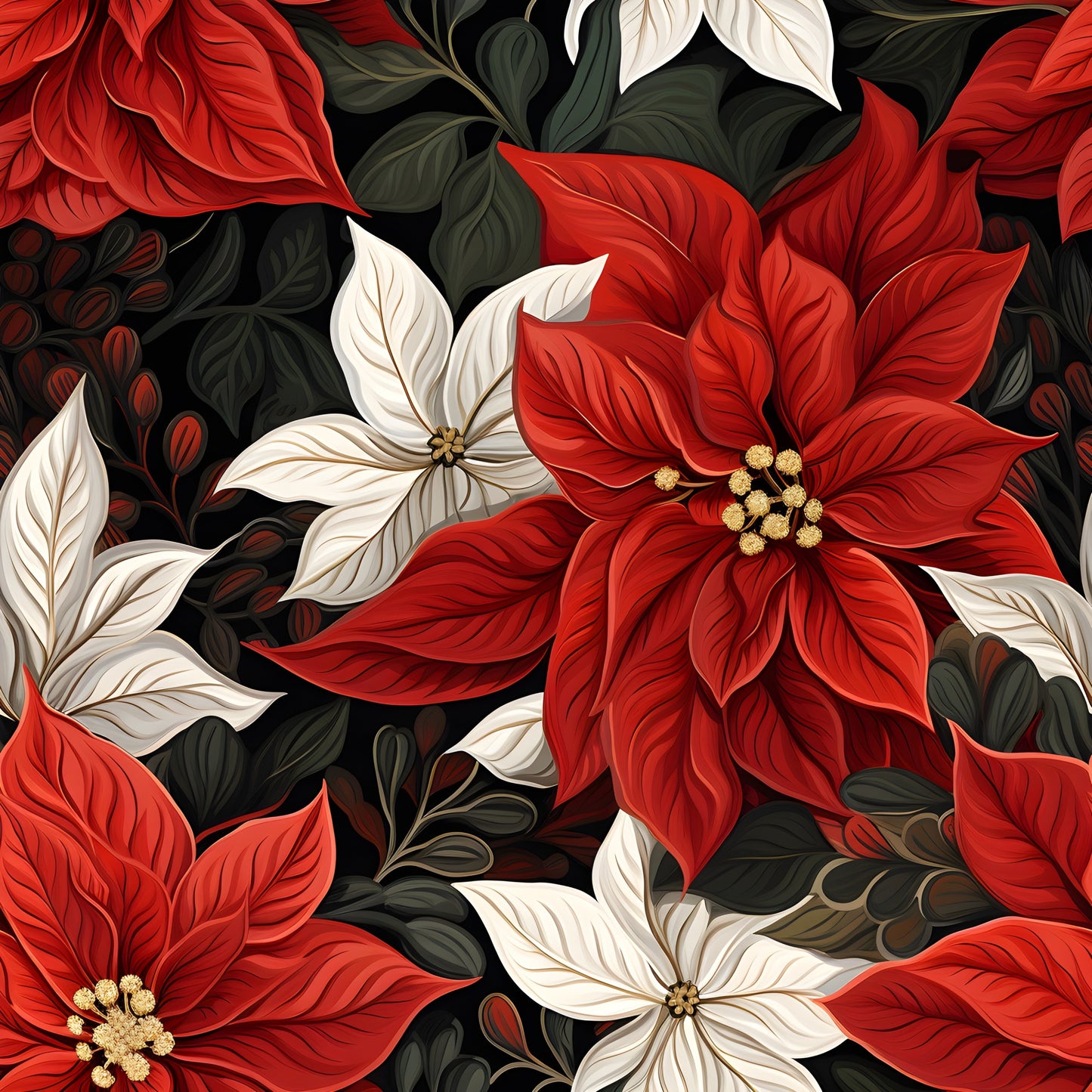 poinsettia flowers, red blooms, white flowers, cream petals, dark green leaves, golden stamens, floral pattern, botanical design, christmas flowers, holiday theme, quilting cotton, fabric panel, repeating pattern, winter blooms, festive florals, detailed petals, rich colors, seamless design