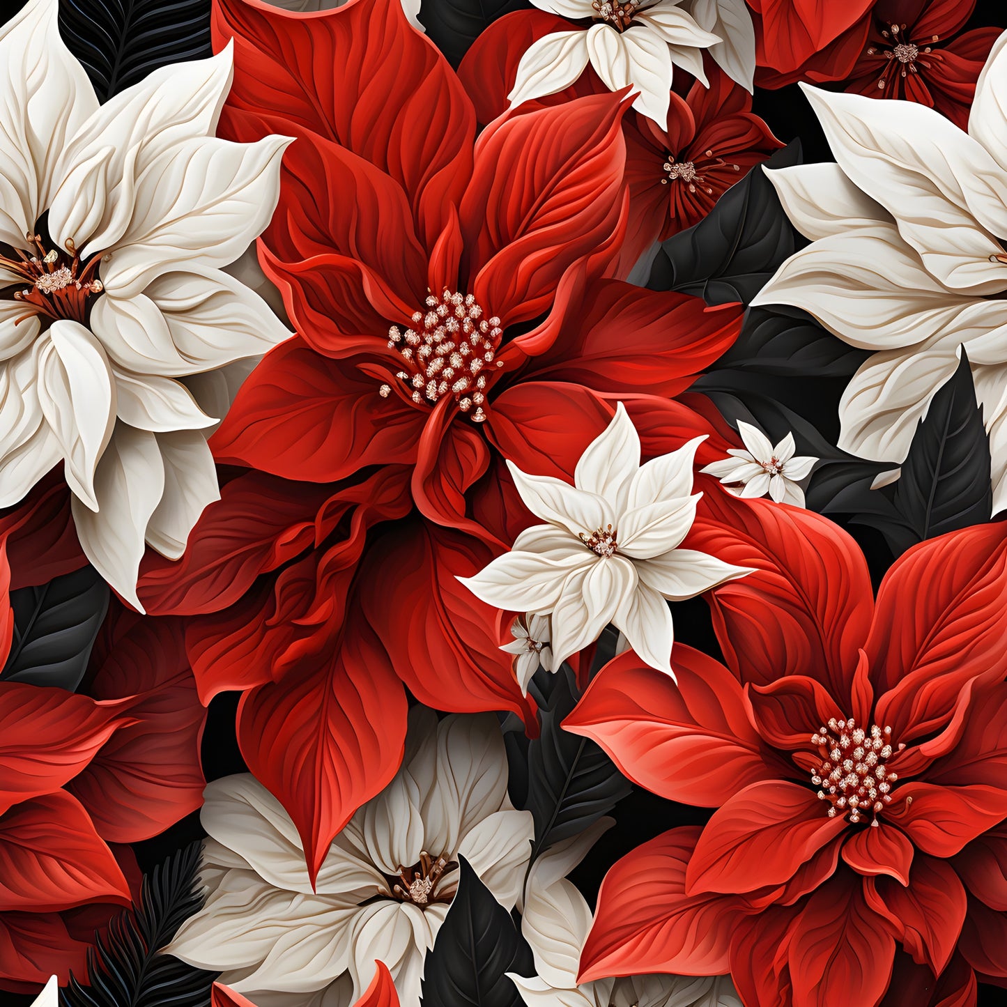 poinsettia flowers, red blooms, white flowers, cream petals, black leaves, dark foliage, floral pattern, botanical design, christmas flowers, holiday blooms, quilting cotton, fabric panel, realistic flowers, detailed petals, flower centers, layered blooms, winter florals, festive pattern, cotton fabric, quilting material