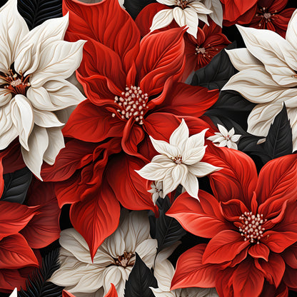 poinsettia flowers, red blooms, white flowers, cream petals, black leaves, dark foliage, floral pattern, botanical design, christmas flowers, holiday blooms, quilting cotton, fabric panel, realistic flowers, detailed petals, flower centers, layered blooms, winter florals, festive pattern, cotton fabric, quilting material