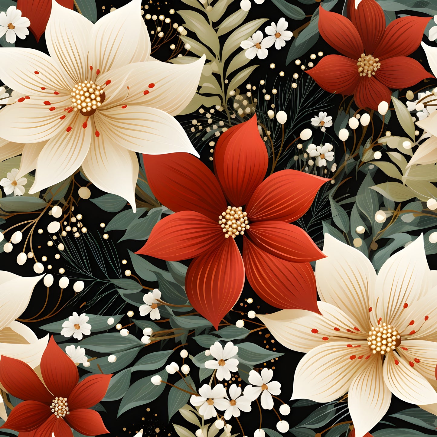 poinsettia flowers, red blooms, cream flowers, white flowers, black background, floral pattern, botanical design, christmas flowers, holiday blooms, quilting cotton, fabric panel, winter florals, festive pattern, seamless design, decorative flowers, seasonal blooms, elegant floral, cotton fabric, quilting material, holiday fabric