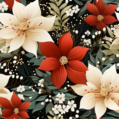 poinsettia flowers, red blooms, cream flowers, white flowers, black background, floral pattern, botanical design, christmas flowers, holiday blooms, quilting cotton, fabric panel, winter florals, festive pattern, seamless design, decorative flowers, seasonal blooms, elegant floral, cotton fabric, quilting material, holiday fabric