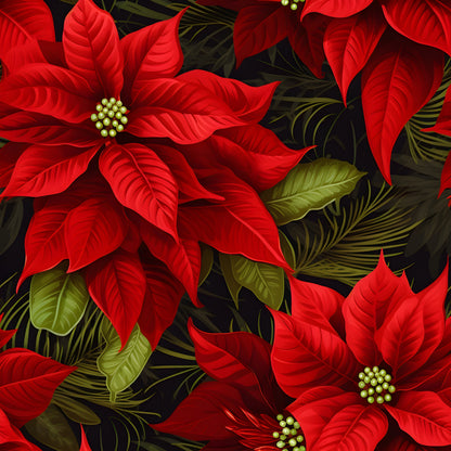 red poinsettias, crimson flowers, green foliage, tropical leaves, floral pattern, botanical design, christmas flowers, holiday blooms, quilting cotton, fabric panel, festive florals, winter botanicals, poinsettia petals, emerald leaves, seasonal flowers, vibrant red, forest green, floral motifs, cotton fabric, quilting material
