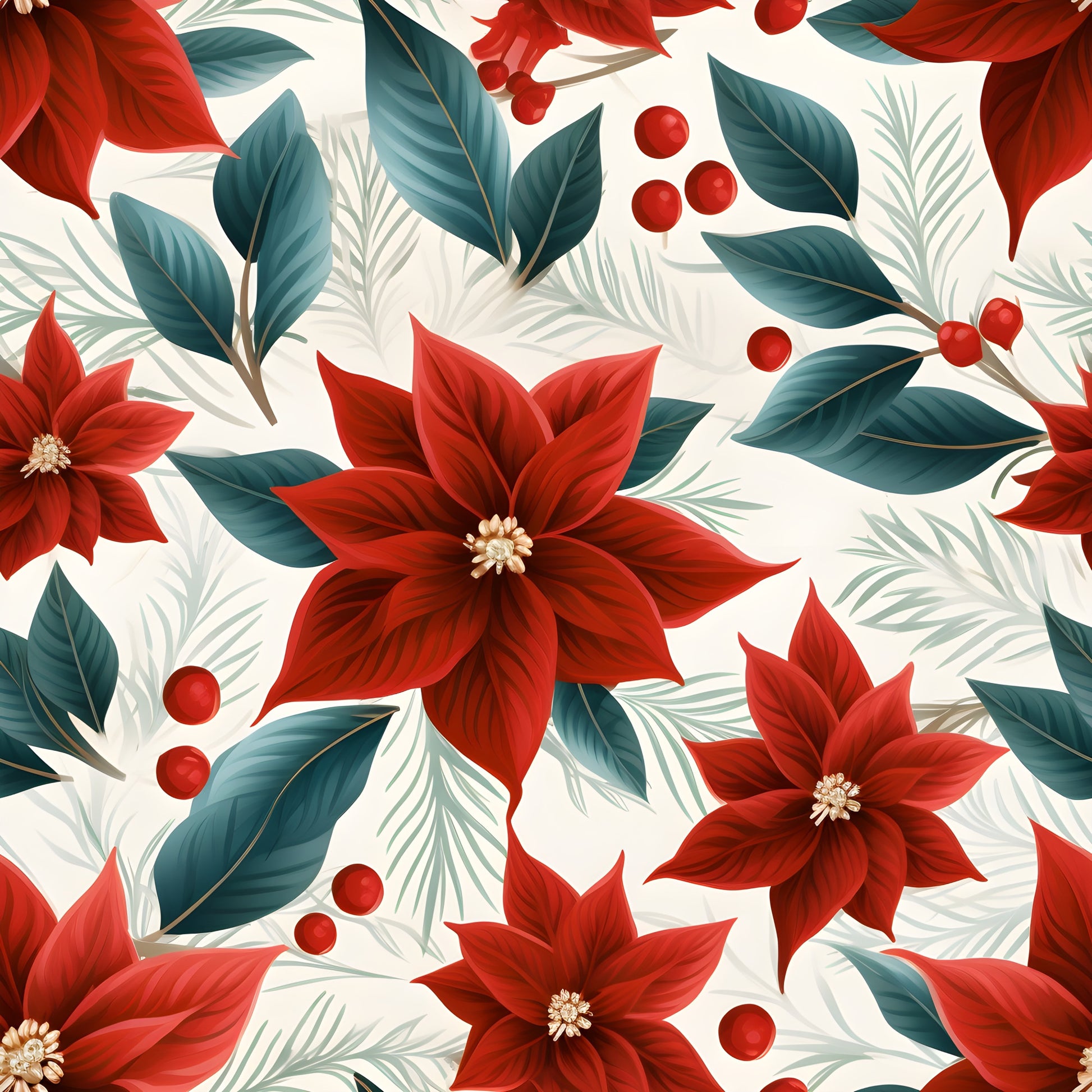 crimson red, deep green, cream background, poinsettia flowers, botanical pattern, holiday florals, christmas blooms, star-shaped petals, evergreen leaves, red berries, quilting cotton, fabric panel, festive design, winter botanicals, floral motif, seasonal flowers, elegant styling, natural elements, holiday crafting, decorative berries