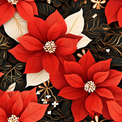 poinsettia flowers, red petals, cream petals, black background, golden accents, floral pattern, botanical design, christmas flowers, holiday fabric, quilting cotton, fabric panel, winter blooms, festive florals, elegant styling, decorative leaves, seasonal motifs, artistic illustration, rich colors, layered petals