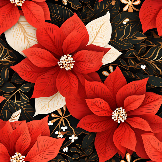 poinsettia flowers, red petals, cream petals, black background, golden accents, floral pattern, botanical design, christmas flowers, holiday fabric, quilting cotton, fabric panel, winter blooms, festive florals, elegant styling, decorative leaves, seasonal motifs, artistic illustration, rich colors, layered petals