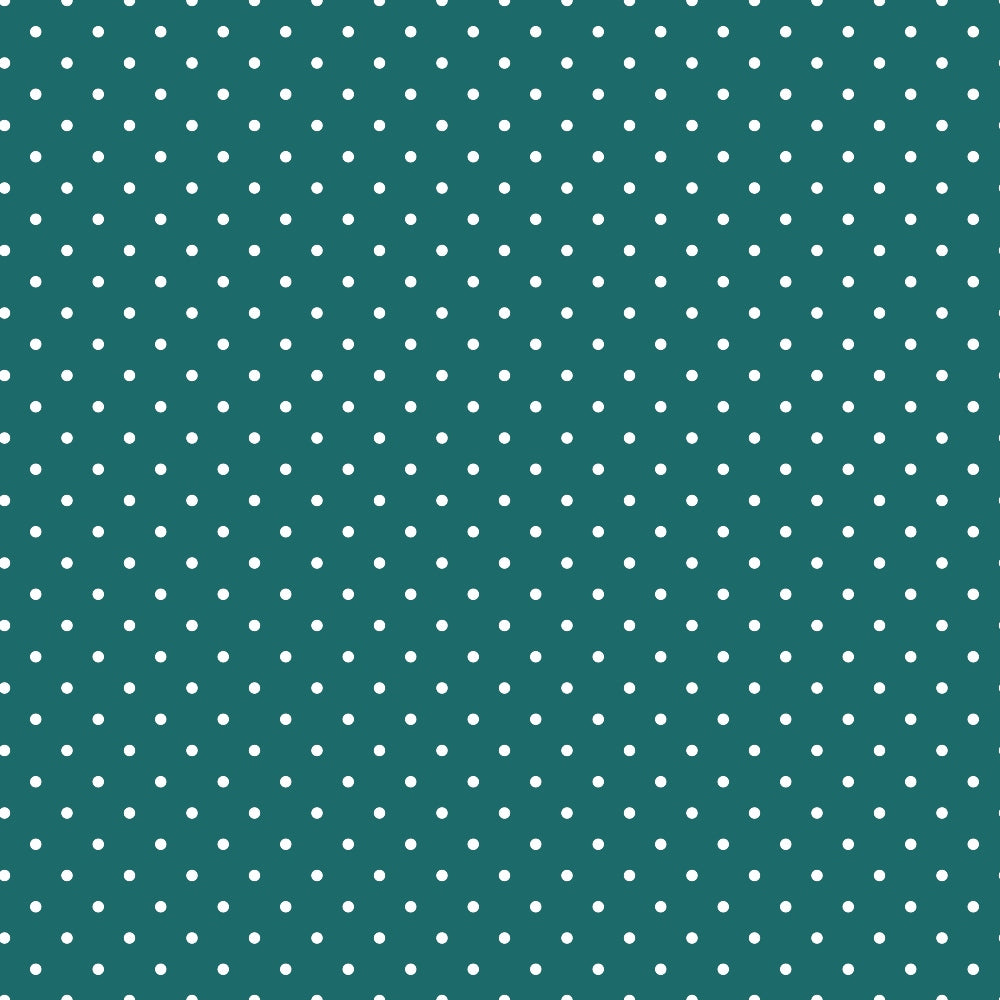 Teal background with a pattern of evenly spaced small white polka dots.