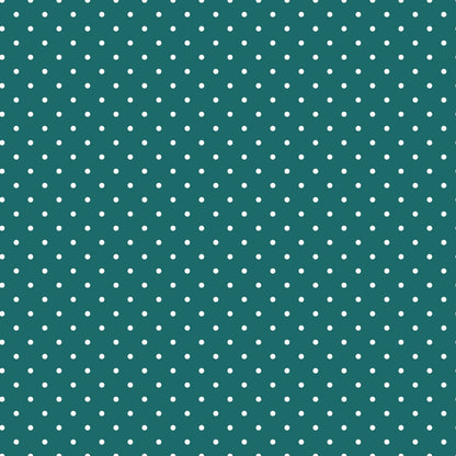 Teal background with a pattern of evenly spaced small white polka dots.