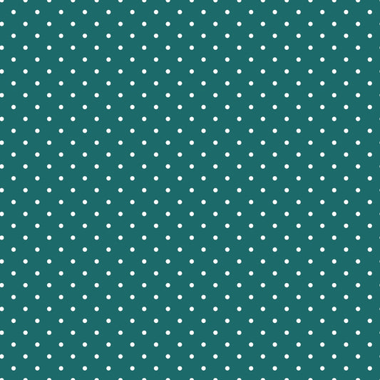 Teal background with a pattern of evenly spaced small white polka dots.