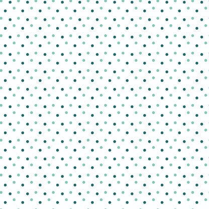 Pattern of evenly spaced teal polka dots on a light green background.