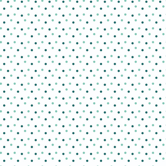 Pattern of evenly spaced teal polka dots on a light green background.