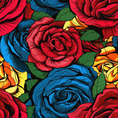 Colorful illustration of roses with red, blue, yellow, and orange petals interspersed with green leaves.