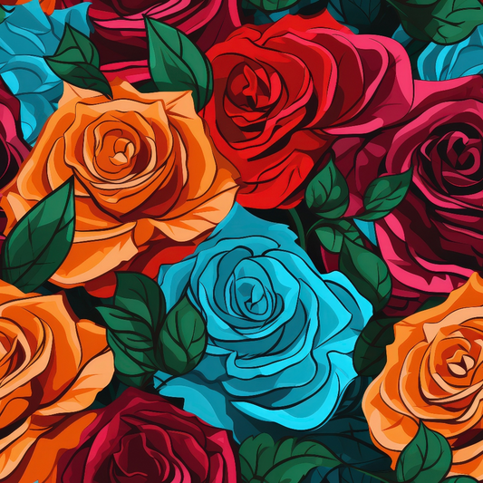 Colorful illustration of roses in orange, red, and blue hues with green leaves, densely packed together.