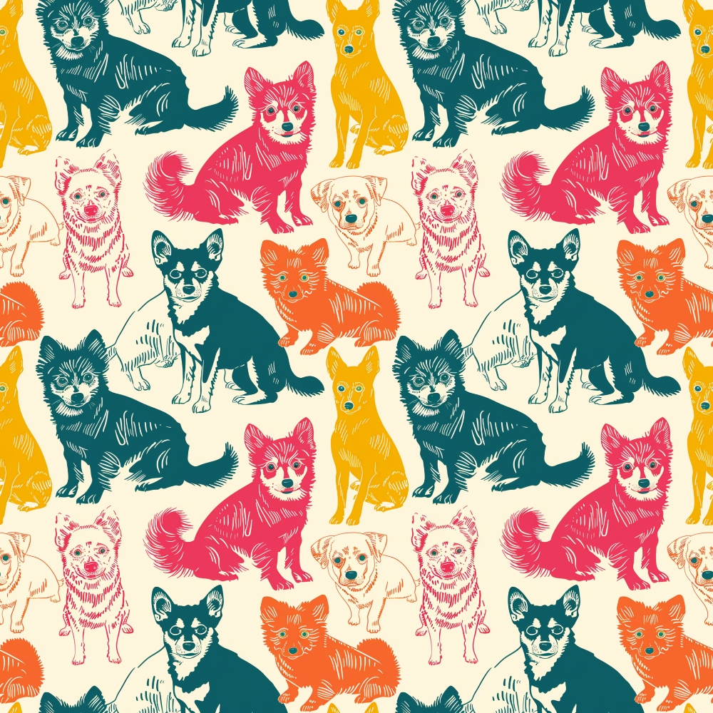 Colorful, repetitive pattern featuring stylized illustrations of small dogs in various poses against a light background.