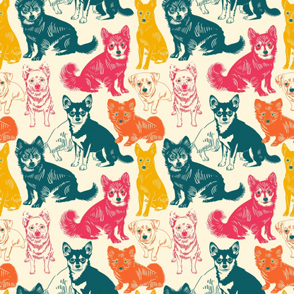 Colorful, repetitive pattern featuring stylized illustrations of small dogs in various poses against a light background.