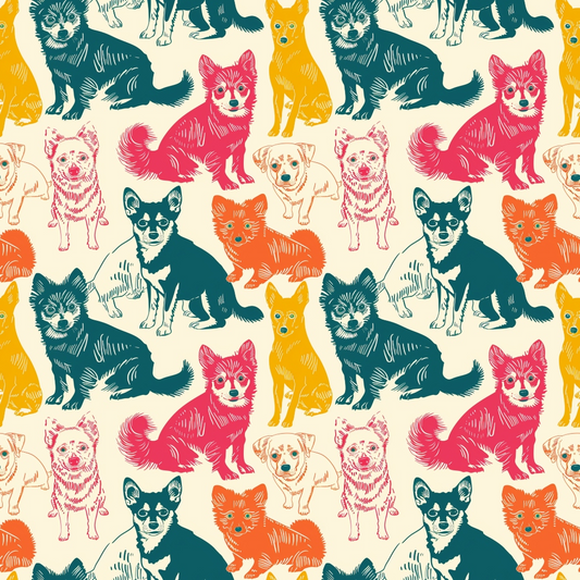 Colorful, repetitive pattern featuring stylized illustrations of small dogs in various poses against a light background.