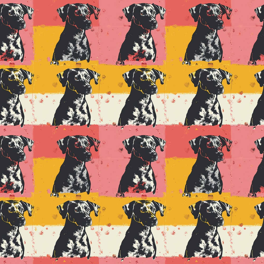 Pop art-style pattern of a dog repeated in a grid, using pink, yellow, and beige backgrounds.