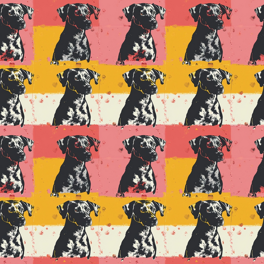 Pop art-style pattern of a dog repeated in a grid, using pink, yellow, and beige backgrounds.