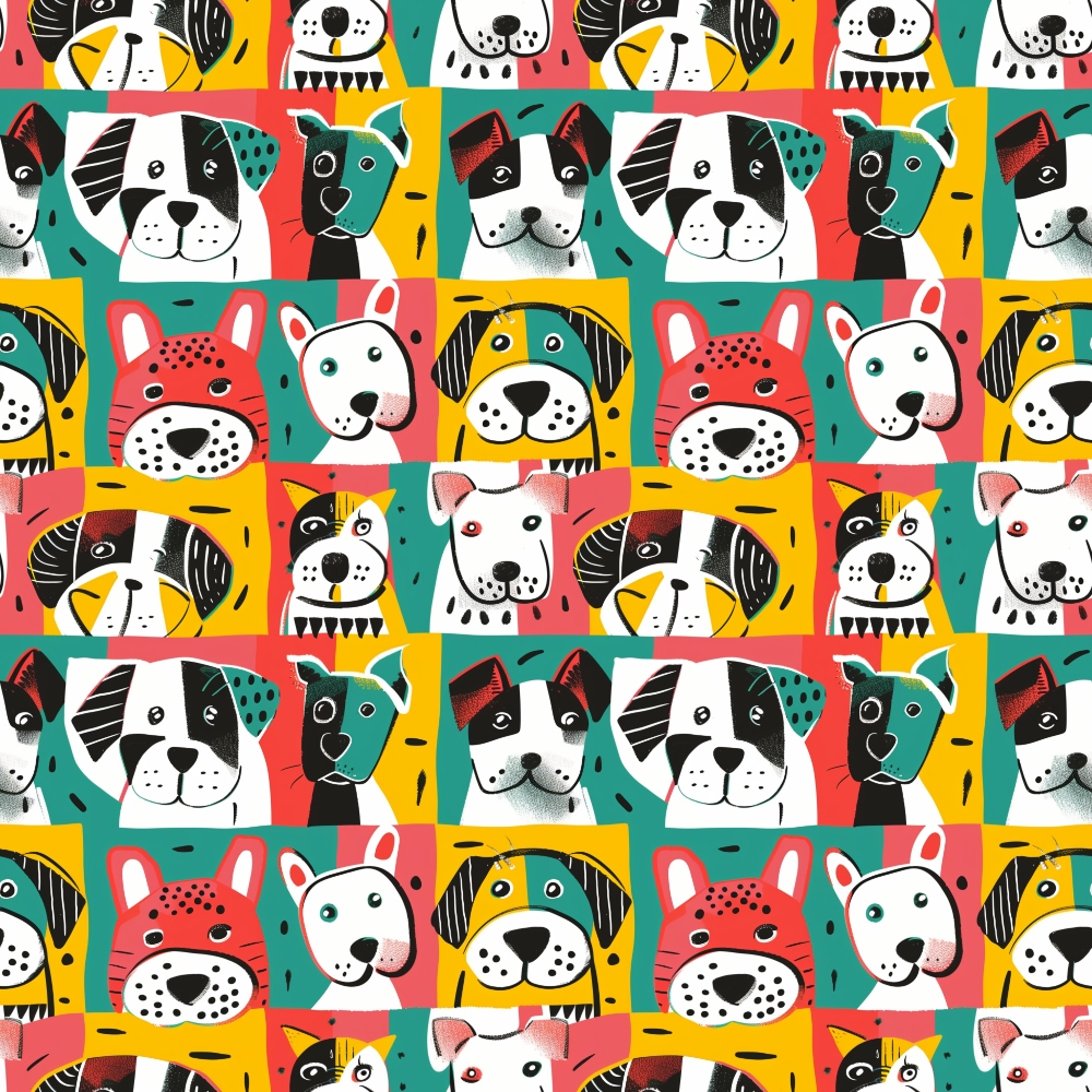 Illustrated pattern of colorful, cartoon dog faces in red, green, yellow, and white. The design repeats in a grid layout.