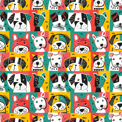 Illustrated pattern of colorful, cartoon dog faces in red, green, yellow, and white. The design repeats in a grid layout.