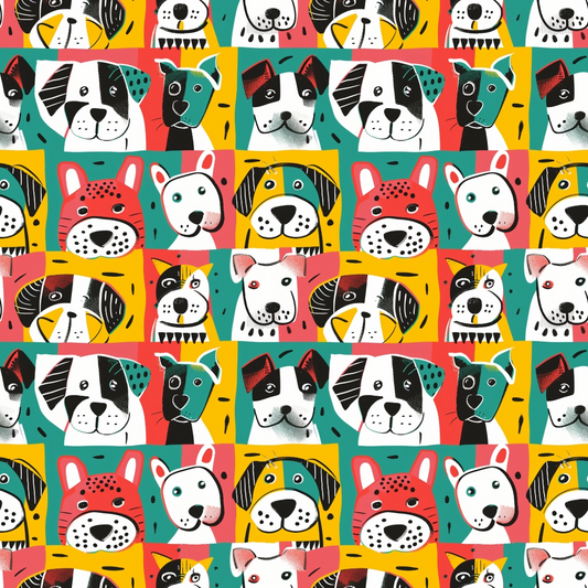 Illustrated pattern of colorful, cartoon dog faces in red, green, yellow, and white. The design repeats in a grid layout.