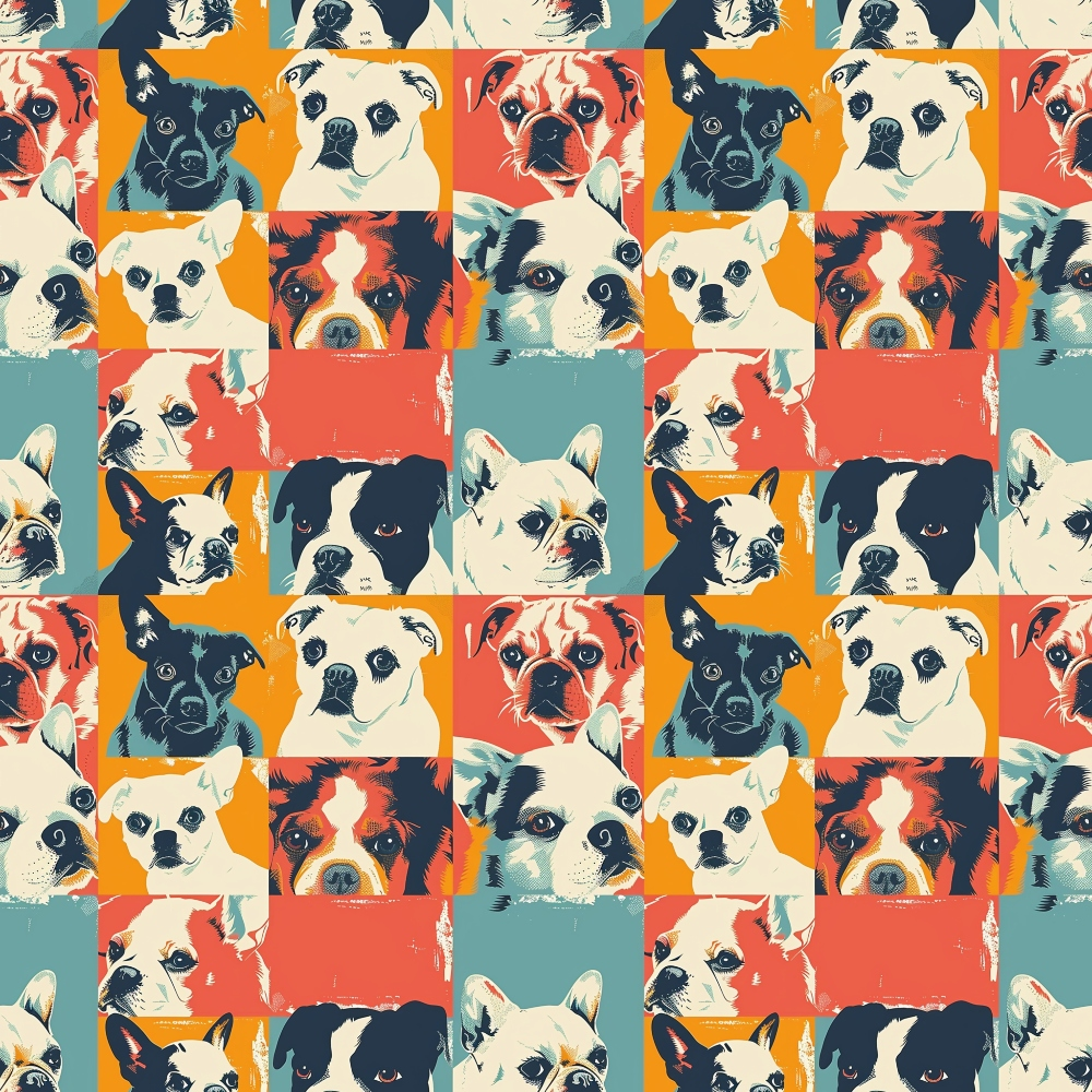 Pop art collage of various dog portraits in colorful squares, featuring different breeds and expressions, on a repeating pattern background.