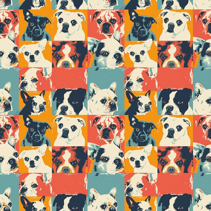 Pop art collage of various dog portraits in colorful squares, featuring different breeds and expressions, on a repeating pattern background.