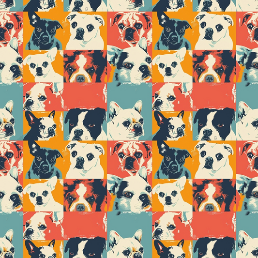 Pop art collage of various dog portraits in colorful squares, featuring different breeds and expressions, on a repeating pattern background.