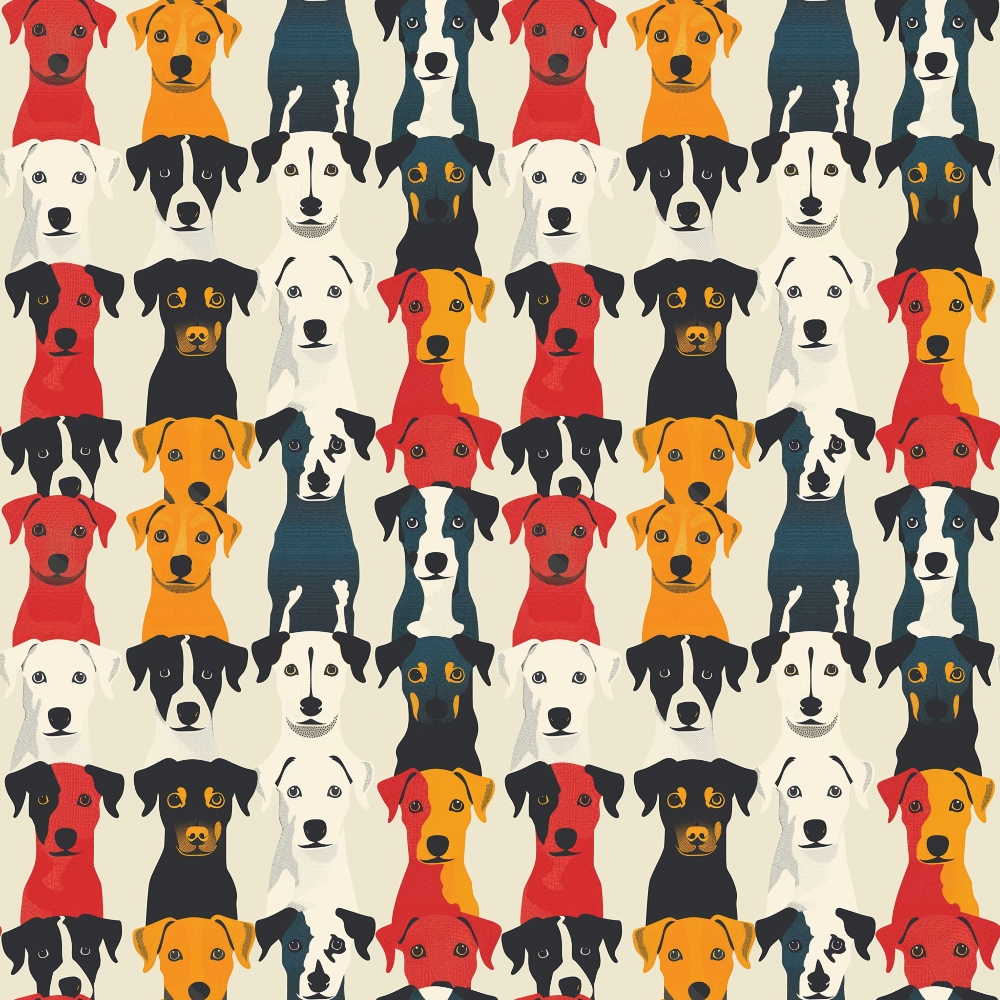 Illustration of a repetitive pattern featuring stylized dogs in various colors, including orange, red, black, and white, aligned in rows.