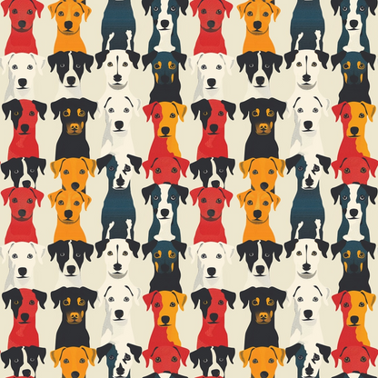 Illustration of a repetitive pattern featuring stylized dogs in various colors, including orange, red, black, and white, aligned in rows.