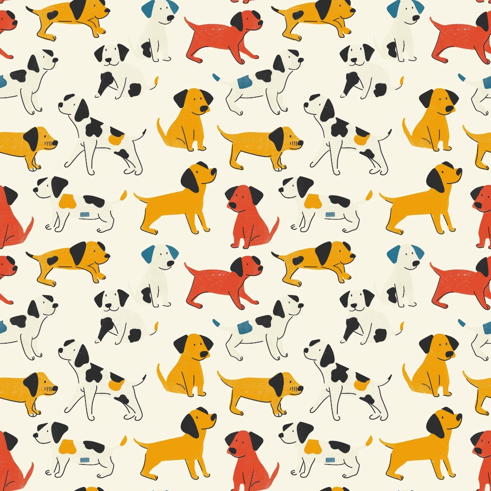 Pattern of cartoon dogs in orange, red, white with black spots, and black with white spots, on a light background.