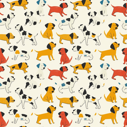 Pattern of cartoon dogs in orange, red, white with black spots, and black with white spots, on a light background.