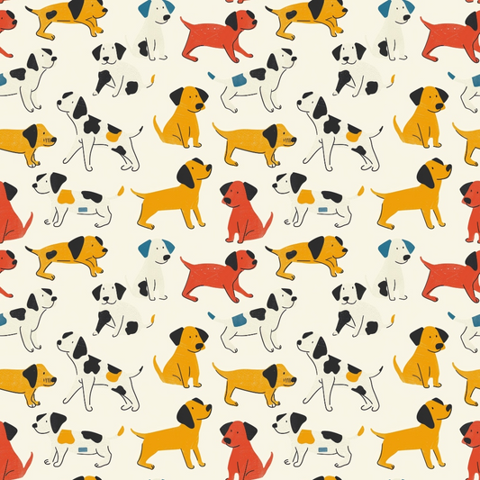 Pattern of cartoon dogs in orange, red, white with black spots, and black with white spots, on a light background.