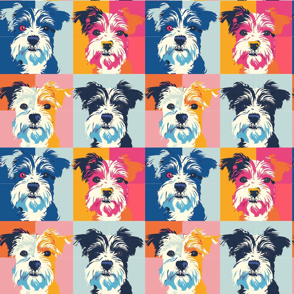 Pop art grid with multiple colorful illustrations of a terrier dog on various vibrant backgrounds.