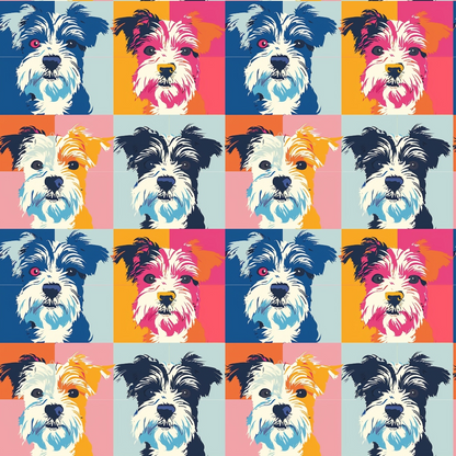 Pop art grid with multiple colorful illustrations of a terrier dog on various vibrant backgrounds.