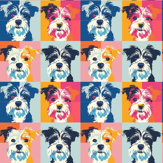 Pop art grid with multiple colorful illustrations of a terrier dog on various vibrant backgrounds.