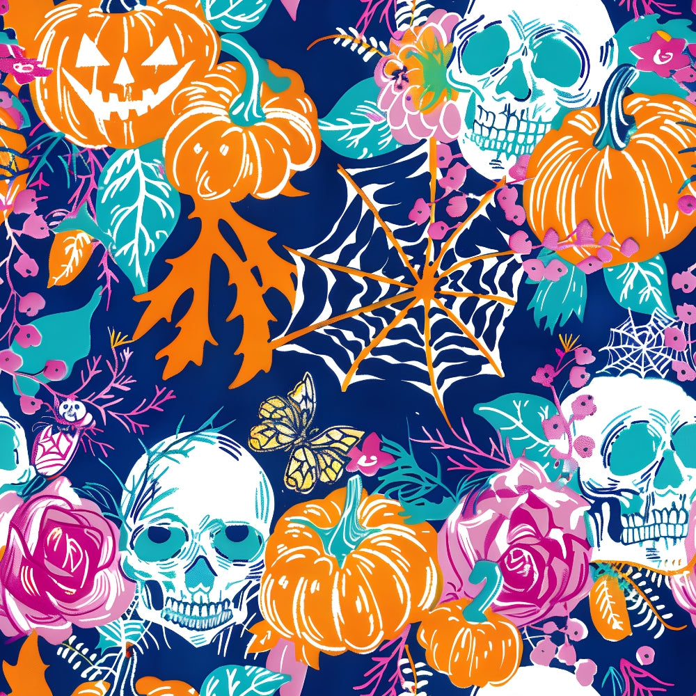 Colorful pattern of pumpkins, skulls, flowers, leaves, and spider webs on a navy background.