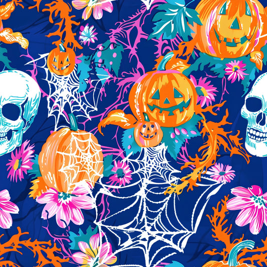 Halloween-themed pattern with pumpkins, skulls, spiders, and spiderwebs on a dark blue background, interspersed with colorful flowers and leaves.