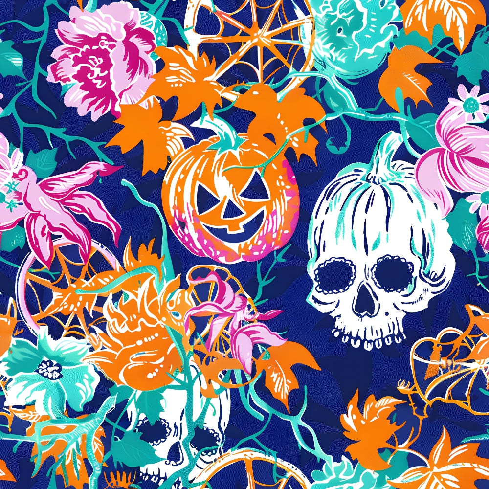 Vibrant Halloween pattern with skulls, jack-o-lanterns, spider webs, flowers, and leaves on a dark blue background.