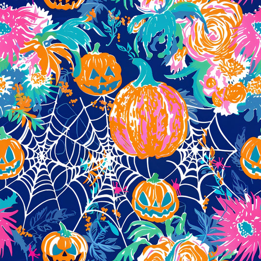 Colorful Halloween-themed pattern with smiling pumpkins, cobwebs, and vibrant flowers in blue, orange, pink, and green on a dark background.