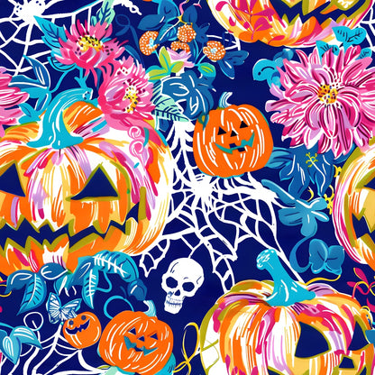 Colorful illustration of jack-o-lanterns, spiders, webs, flowers, butterflies, and a skull on a dark blue background.