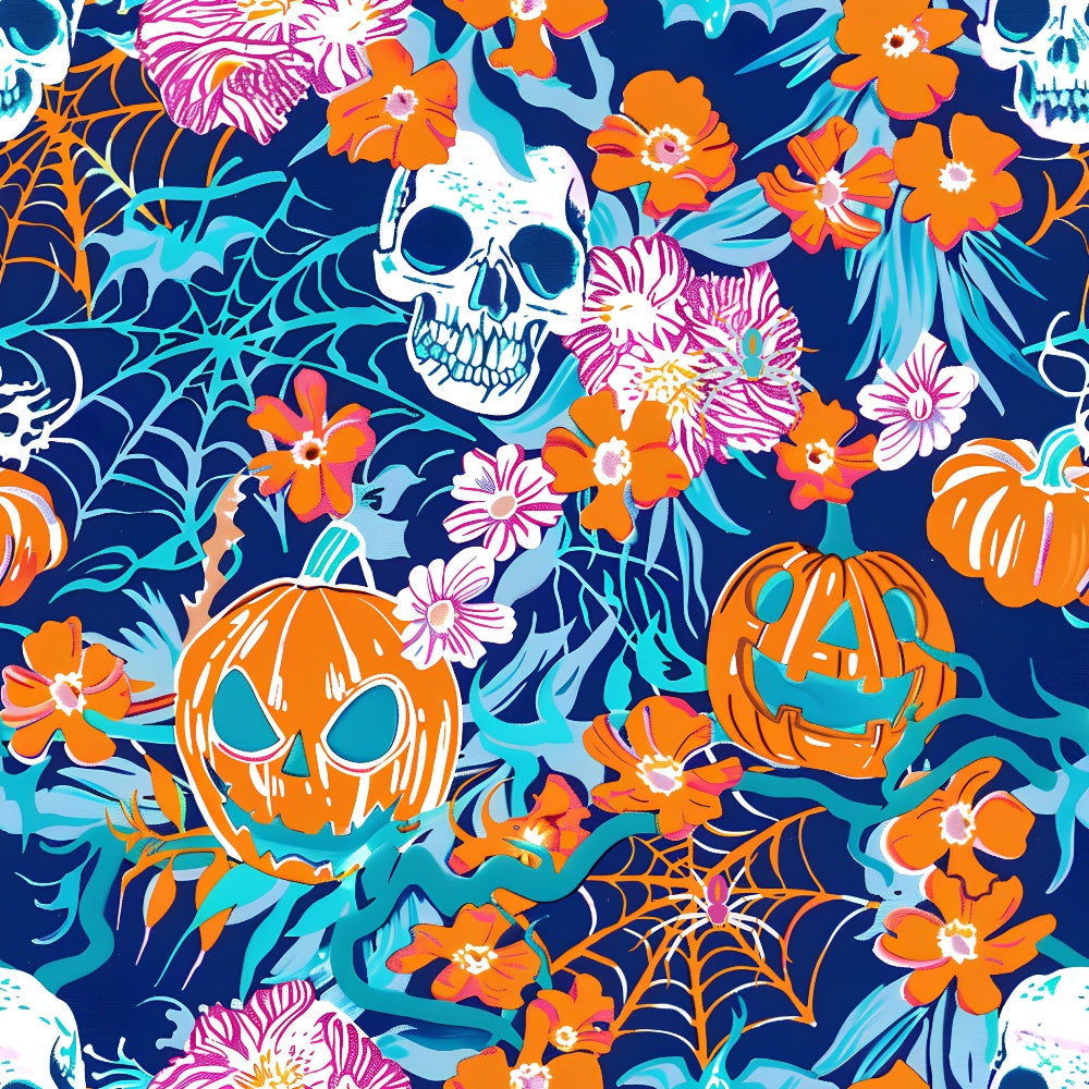 Colorful Halloween-themed pattern with skulls, jack-o-lanterns, spider webs, and vibrant flowers on a dark background.