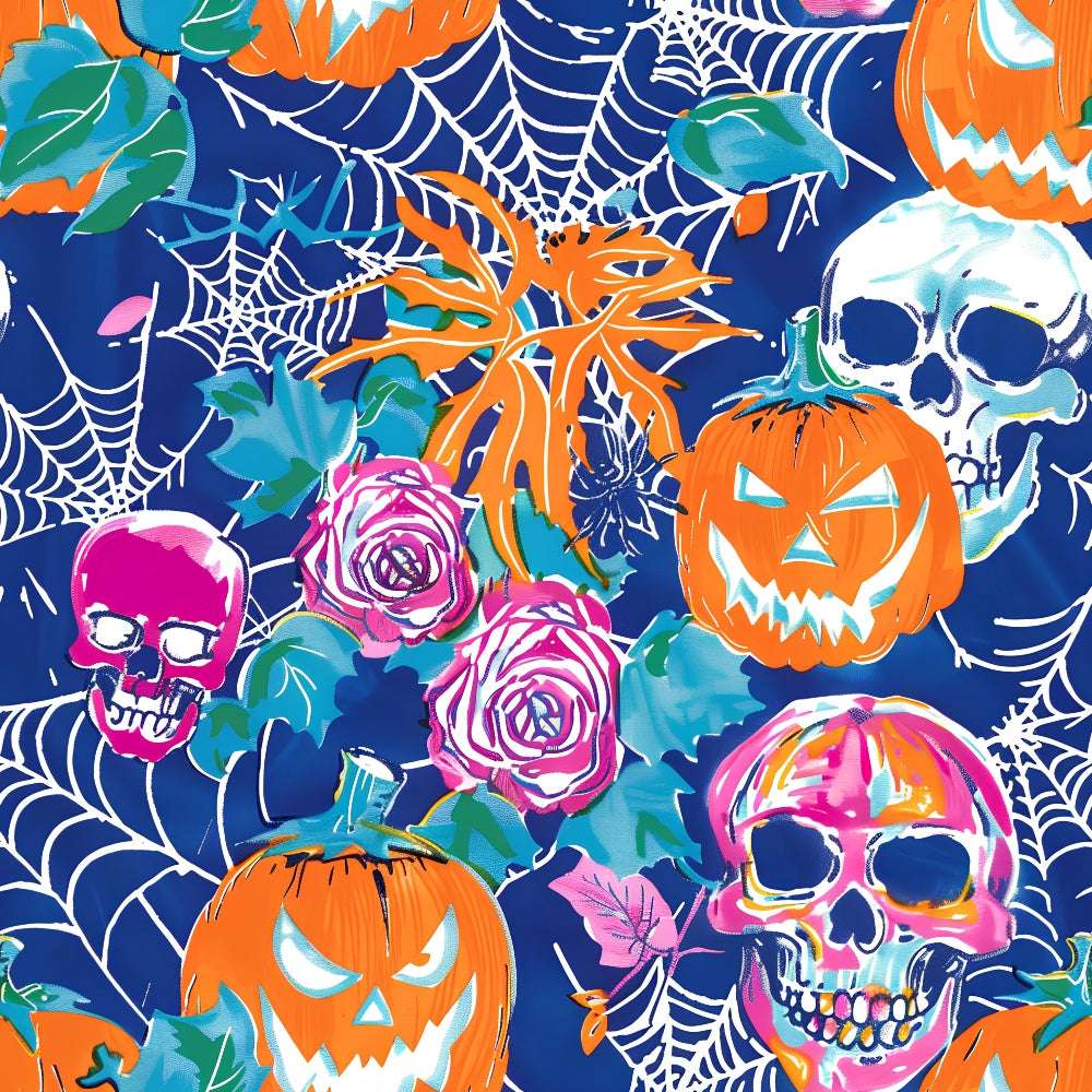 Vibrant Halloween scene with pumpkins, skulls, and spiderwebs on a blue background, accented by pink roses and green leaves.