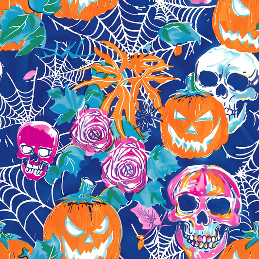 Vibrant Halloween scene with pumpkins, skulls, and spiderwebs on a blue background, accented by pink roses and green leaves.