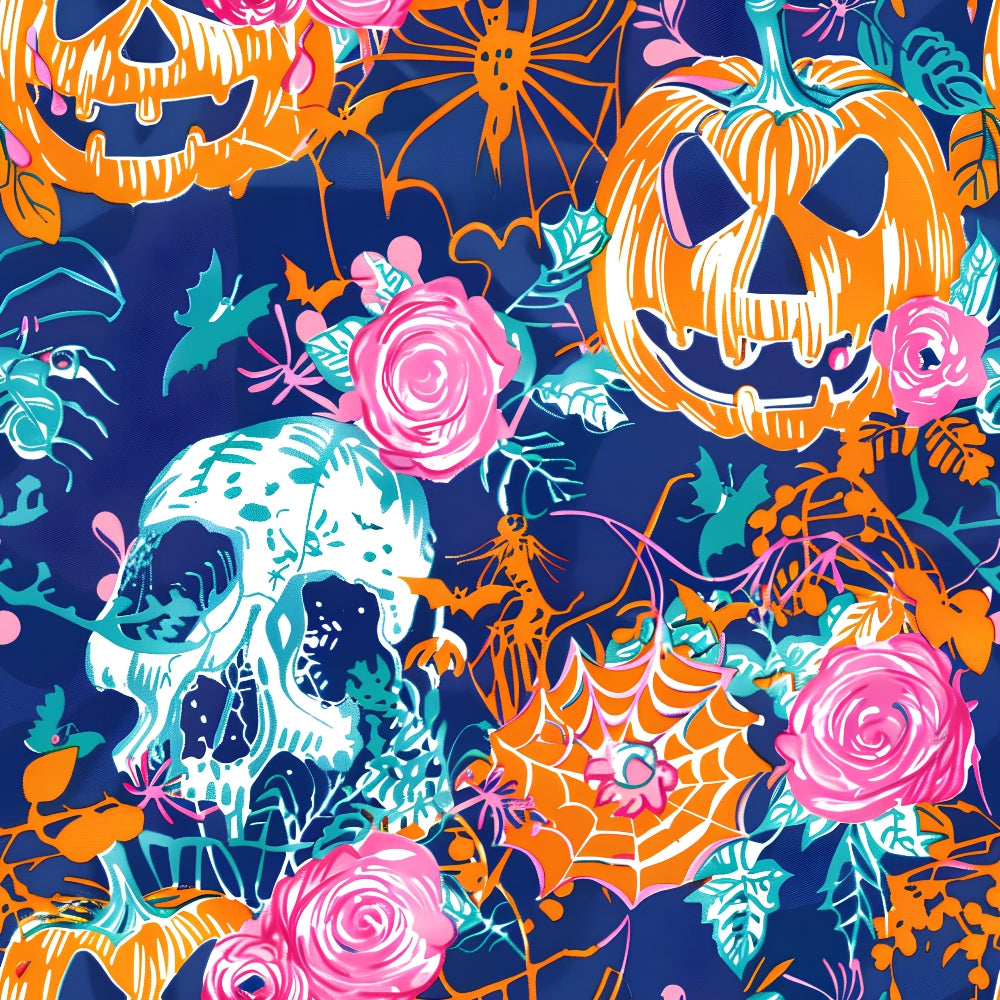 Colorful Halloween-themed pattern with jack-o-lanterns, skulls, spiders, webs, and pink roses on a dark background.